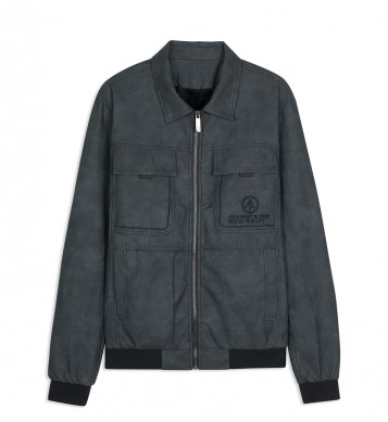 Áo khoác da ghi xám 2 túi hộp in chữ ngực trái